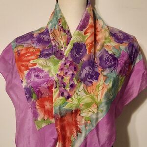 Vintage Anne Klein Boho Floral Silk Square Scarf pink purple 34 inches by 34